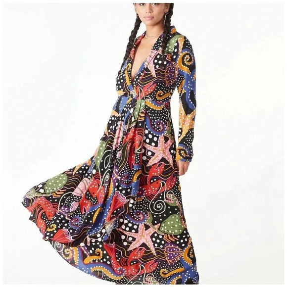 FARM RIO Women’s Maxi Dress, Under The Sea Plunging V-neck Long Sleeve Medium - Picture 8 of 8